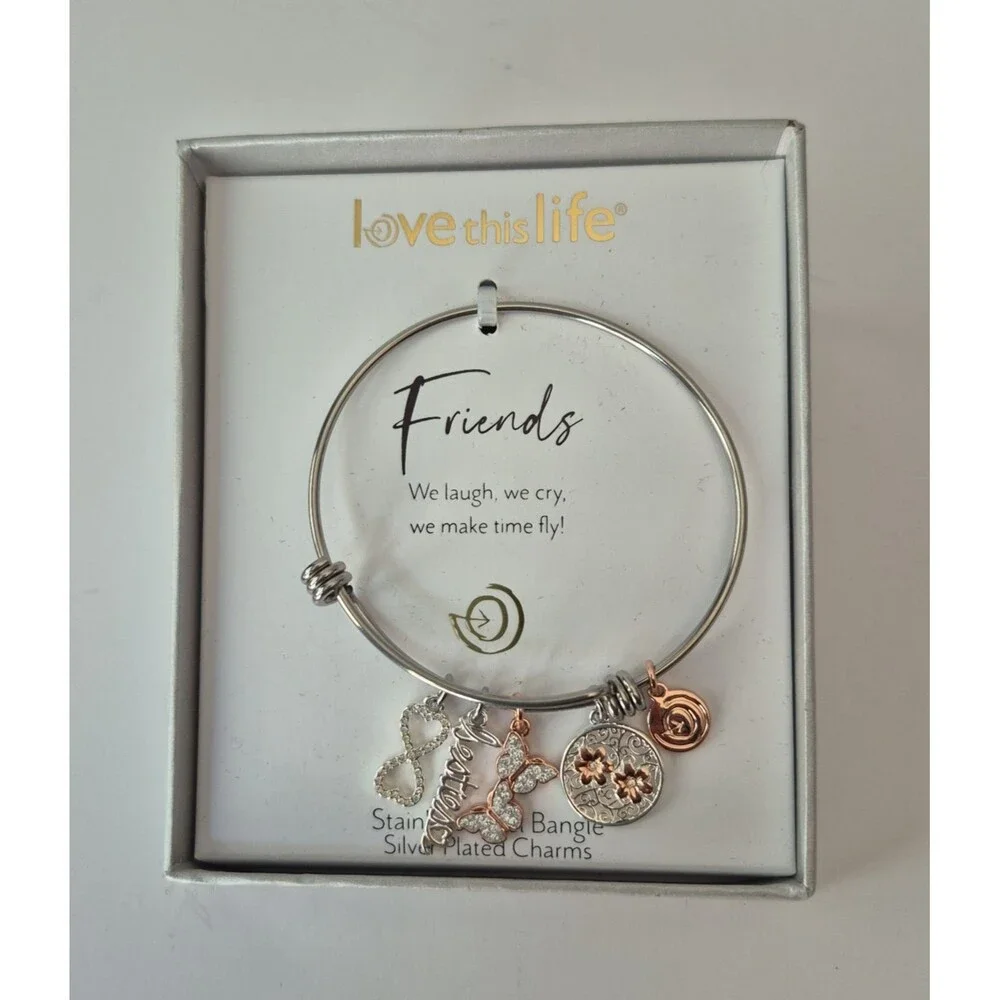 Love This Life Stainless Steel Silver Plated Adj Besties Charms Bangle Bracelet